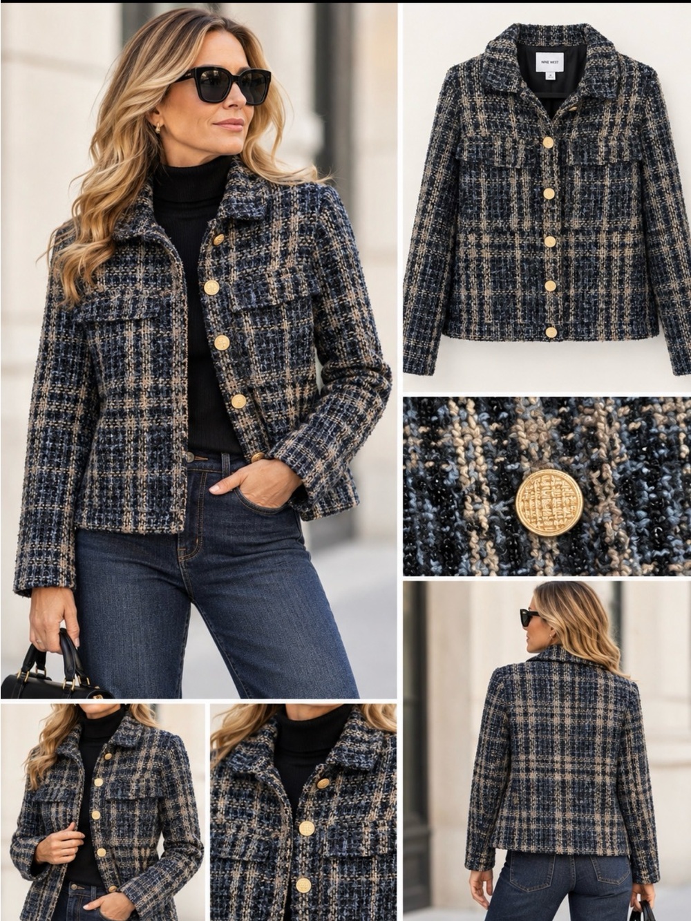 Nine West Navy and Beige Plaid Tweed Jacket with Gold Buttons
